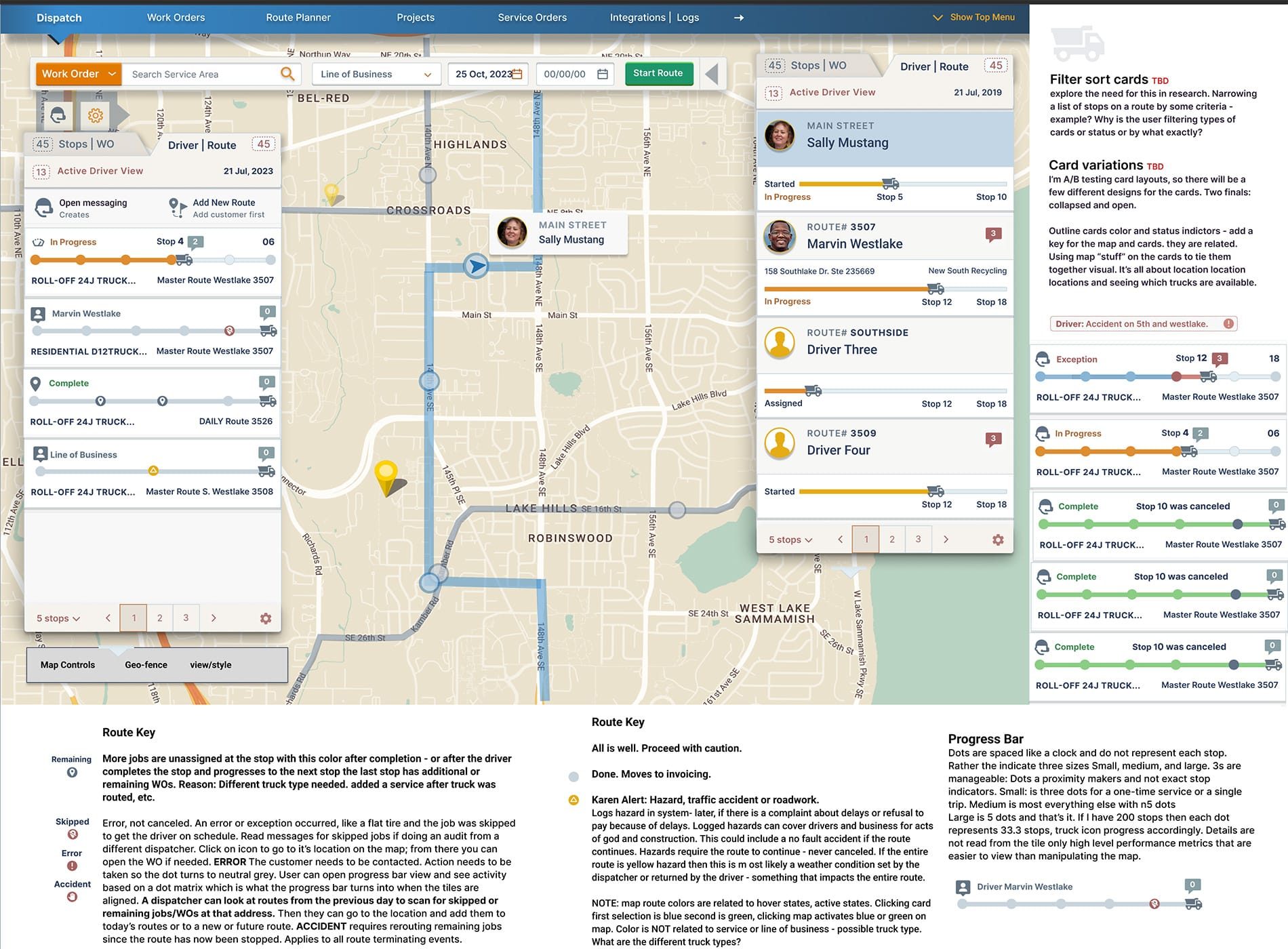 Prototype of dispatch dashboard - Redesigned routing: 3 clicks, always within map view. Reduced dispatching time by 35%.